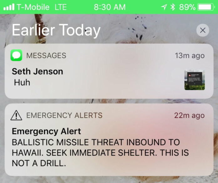 Hawaii Mistaken Missile Alert This smartphone screen capture shows a false incoming ballistic missile emergency alert sent from the Hawaii Emergency Management Agency system on Saturday, Jan. 13, 2018. Photo: Marco Garcia / Associated Press