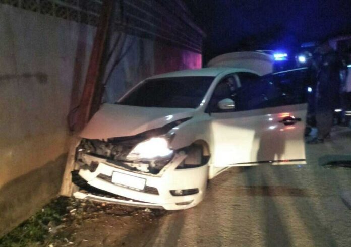 Sorachai Sathitraksadumrong's car after it came to a stop on Jan. 2 on Chiang Mai - Chiang Rai Road.