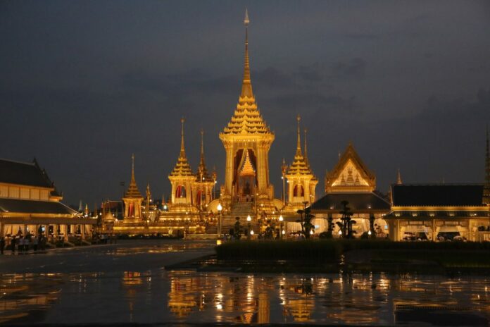 The Royal Crematorium, or Meru Mas, glimmers on Oct. 26, the day King Bhumibol was cremated.