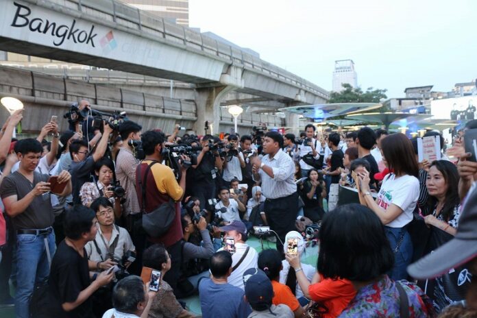 Activists last month protest on the Pathumwan Intersection skywalk to call for elections this year.