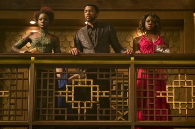 Lupita Nyong'o, Chadwick Boseman and Danai Gurira in a scene from Marvel Studios'