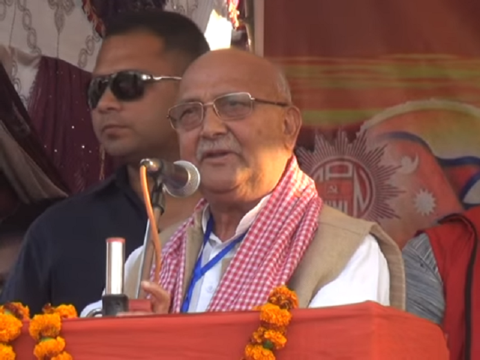 Khadga Prasad Oli speaks in 2016 during a Madhesi Nepalese Convention in Madhesh district, Nepal. Photo: Black Chapter / Wikimedia Commons