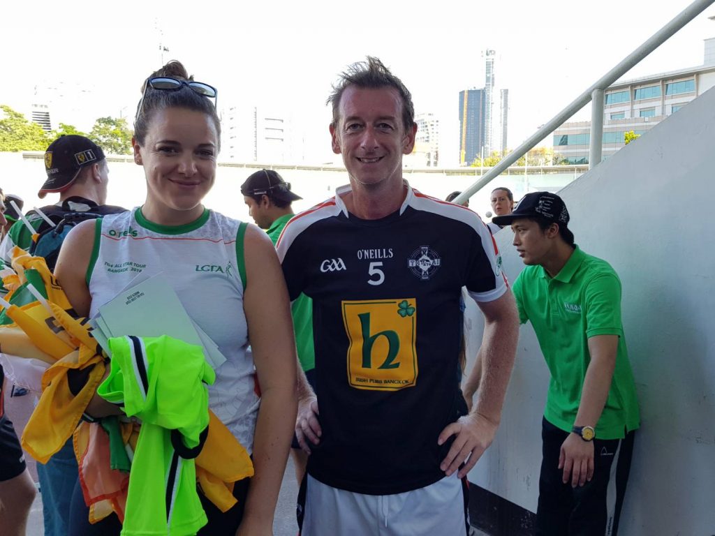 John Campbell, left, and Jessica Hammer of the woman's Thailand GAA team, March 17 at the Chulalongkorn University Stadium.