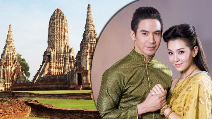 Left: Wat Chaiwatthanararam in Ayutthaya. Right: Tanawat Wattanaputi and Ranee Campen in “Bupphesaniwat.”
