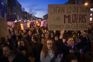 Women march as they shout slogans during the International Women's Day in Barcelona, Spain on Thursday Evening. Photo: Emilio Morenatti / Associated Press