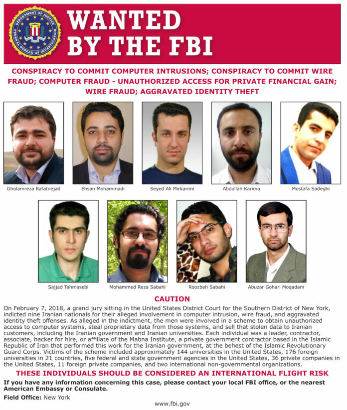 This image released by the FBI is the wanted posted for 9 Iranians that took part in a government-sponsored hacking scheme that pilfered sensitive information from hundreds of universities, private companies and government agencies. Image: FBI