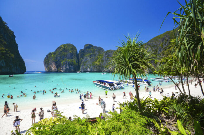 Tourists at the popular Maya bay on Phi Phi Leh in Krabi province. Photo: Rajavi Omanee / Associated Press