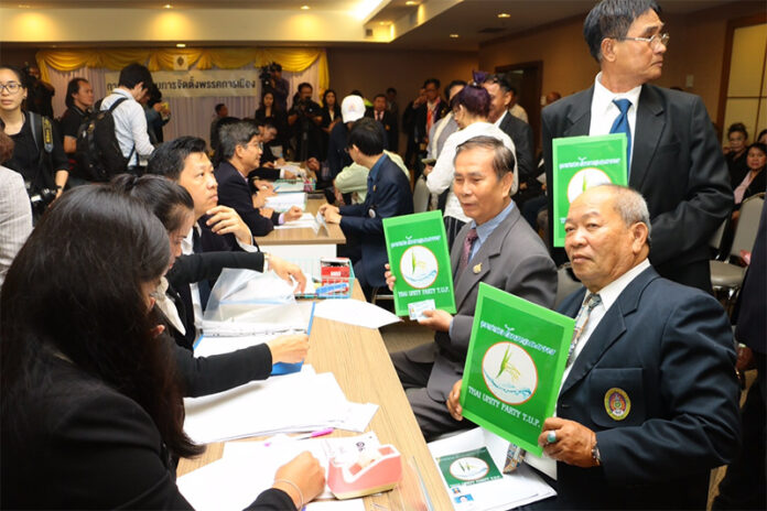 Representatives of the 'Thai Unity Party' register their name Friday morning at the Election Commission in Bangkok.