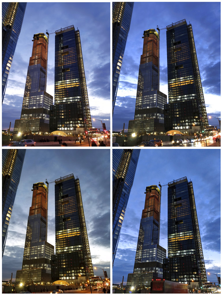This combo shows photos of office buildings in the Hudson Yards section of Manhattan taken on Tuesday, March 6, 2018. Starting at the top left and going clockwise, the phones used are Samsung’s Galaxy S9, Apple’s iPhone X, Google’s Pixel 2 XL and Samsung’s Galaxy Note 8. Photo: Nick Jesdanun