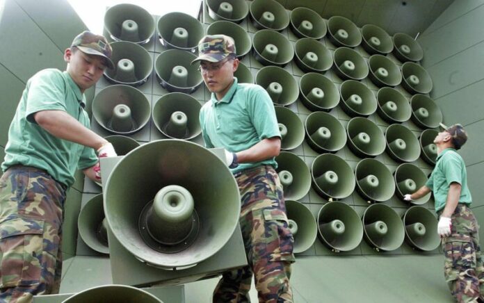FILE - In this June 16, 2004 file photo, South Korean army soldiers remove loudspeakers used for propaganda near the demilitarized zone between South and North Korea, in Paju, South Korea. Photo / Lee Jin-man / Associated Press