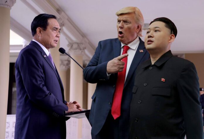 An artist’s rendition of the pivotal moment Donald Trump introduces his newfound buddy Kim Jong Un to junta chairman Prayuth Chan-ocha. Original images: AP and ThaiGov