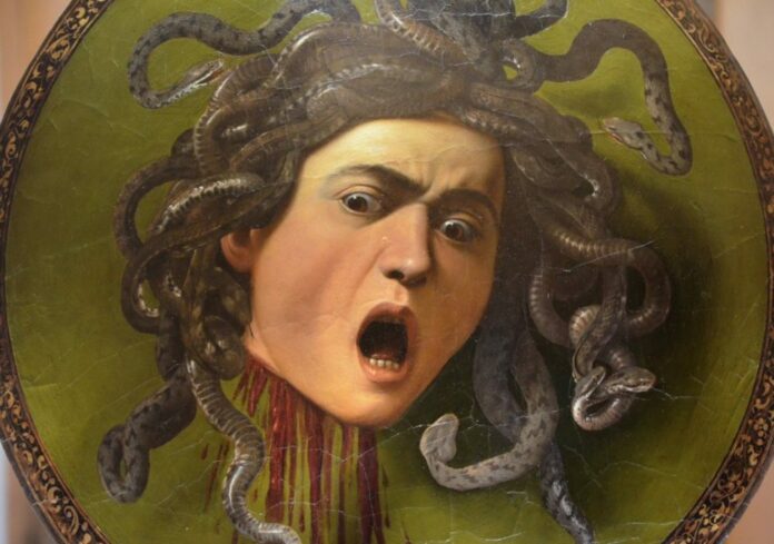 The shield with the head of Medusa by Caravaggio, conserved in the Uffizi Gallery in Florence.
