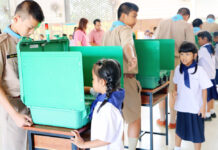 Parties Eye Millions of Young Thais Who’ve Never Voted Kindergarteners in Krabi province participate in a Feb. 17 mock class election to learn about democracy and voting. A turnout of 96 percent was reported.