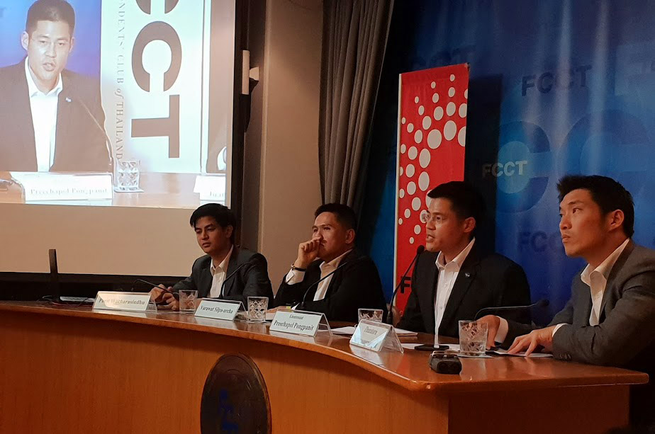 From left, Parit Wacharasindhu of the Democrat Party, Chart Thai Pattana's Varawut Silpa-archa, Pheu Thai's Preechapol Pongpanit and Thanatorn Juangroongruangkit, Future Forward Party founder Wednesday night at the Foreign Correspondents' Club of Thailand in Bangkok.