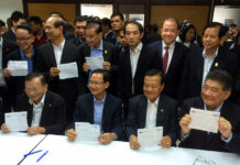Political Assembly Ban to Be Lifted After Sept Meeting: Prawit Pheu Thai Party elders gather in April at party headquarters in Bangkok's Huai Khwang district.