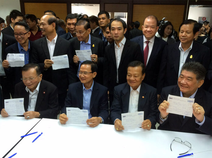 Pheu Thai Party elders gather in April at party headquarters in Bangkok's Huai Khwang district.