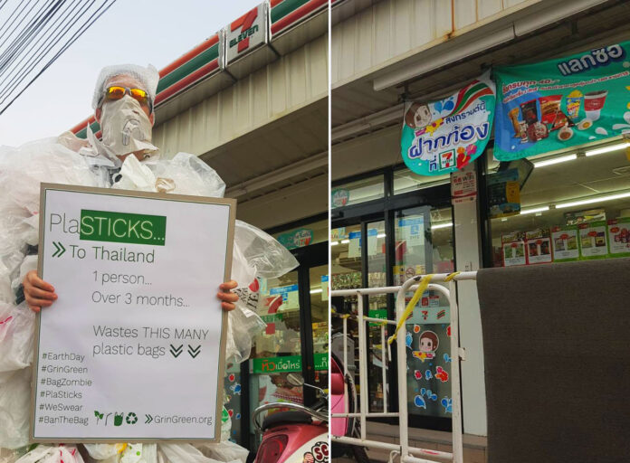 Geoff Baker holds a sign Sunday in front of the Asiatique branch of 7-Eleven in April 2018. Photo: DG Yoon / Courtesy