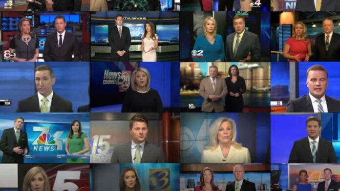 Montage from a video produced by Deadspin.com of a US media chain's recent decision to run identical statements read by its anchors on all of its hundreds of channels. Image: Deadspin