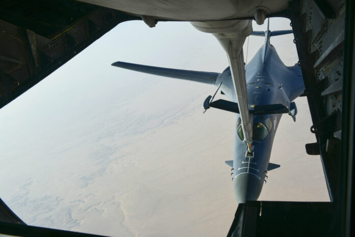 A U.S. Air Force B-1 Bomber separates from the boom pod after receiving fuel from an Air Force KC-135 Stratotanker on April 13, 2018, en route to strike chemical weapons targets in Syria. Photo: US Department of Defense