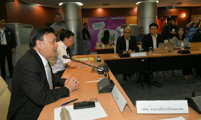 Representatives from True Corp. attend a Tuesday hearing at the National Broadcasting and Telecommunications Commission offices in Bangkok. Photo: Matichon Representatives from True Corp. attend a Tuesday hearing at the National Broadcasting and Telecommunications Commission offices in Bangkok. Photo: Matichon