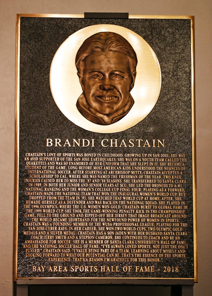 Bay Area Sports Hall of Hame inductee Brandi Chastain's plaque is displayed during a press conference Monday in San Francisco. Photo: Scott Strazzante / Associated Press