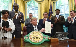  Trump is joined by, from left, Linda Haywood, who is Johnson's great-great niece, heavyweight champion Deontay Wilder, Keith Frankel, Sylvester Stallone, former heavyweight champion Lennox Lewis, and World Boxing Council President Mauricio Sulaiman Saldivar. Photo: Susan Walsh / Assoicated Press