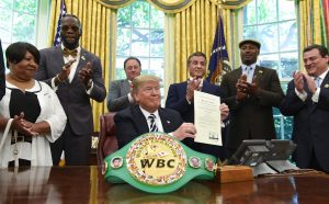 Trump is joined by, from left, Linda Haywood, who is Johnson's great-great niece, heavyweight champion Deontay Wilder, Keith Frankel, Sylvester Stallone, former heavyweight champion Lennox Lewis, and World Boxing Council President Mauricio Sulaiman Saldivar. Photo: Susan Walsh / Assoicated Press