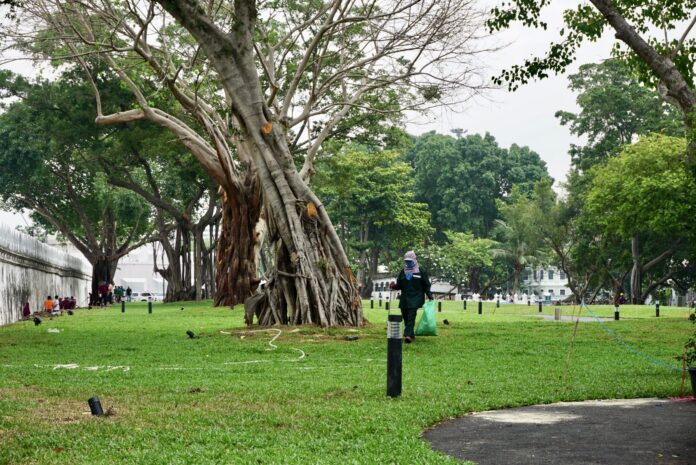 A worker picks up litter May 31 in a park being built behind Mahakan Fort.