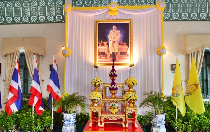 A portrait of His Majesty the King is on display at the Royal Household Bureau on July 20, 2017