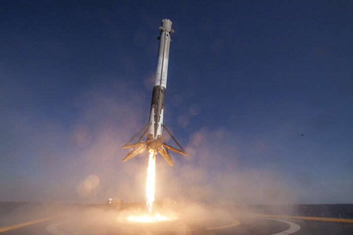 Falcon 9 first stage landing on droneship 'Of Course I Still Love You' in an undated photo. Photo: Space X