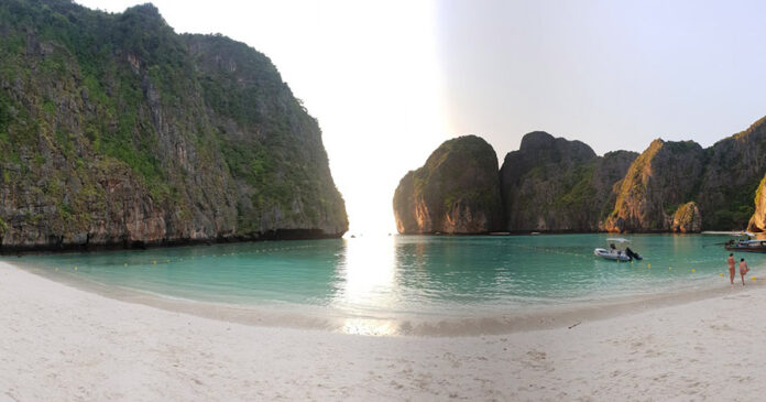 Maya Bay in April 2018 during non-peak visiting hours. Maya Bay in April 2018 during non-peak visiting hours.