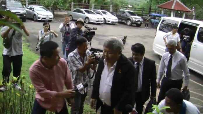 Italian-Thai Development president Premchai Karnasuta arrives Wednesday at a Kanchanaburi court. Photo: Matichon Italian-Thai Development president Premchai Karnasuta arrives Wednesday at a Kanchanaburi court. Photo: Matichon