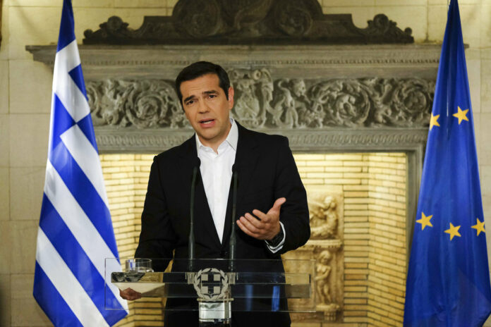 Greek Prime Minister Alexis Tsipras speaks during a televised address to the nation Tuesday in Athens, Greece. Photo: Andrea Bonetti / Associated Press