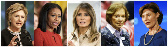 From left, Hillary Clinton, Michelle Obama, Melania Trump, Rosalynn Carter and Laura Bush, who have independently expressed their concern about migrant children being torn from parents at the Mexico border. Photo: Associated Press