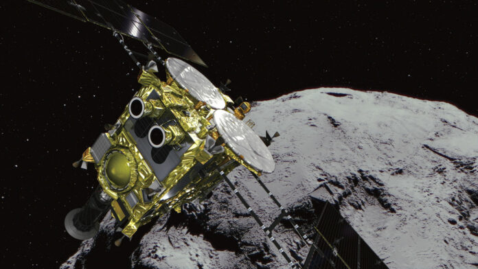 This computer graphics image provided by the Japan Aerospace Exploration Agency (JAXA) shows an asteroid and asteroid explorer Hayabusa2 .Photo: Associated Press