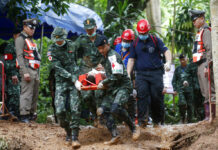 Cave Rescue Efforts Pick up Pace as Flooding Eases Soldiers hold an evacuation drill June 30 near the Tham Luang Nang Non cave in Mae Sai, Chiang Rai province. Photo: Sakchai Lalit / Associated Press