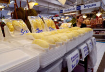 Plastic Here to Stay, Vendors at ‘Model’ Market Say Piles of Styrofoam trays await durian-hungry customers Tuesday at the Or Tor Kor Market in Bangkok.