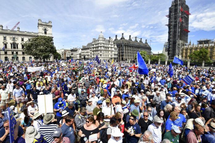 Crowds in Parliament Square in central London during the People's Vote march for a second EU referendum on Saturday. Photo: John Stillwell / PA
