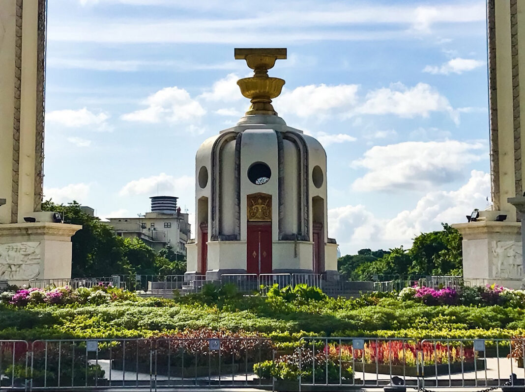 Plants and barricades bar access to the Democracy Monument in a photo taken Wednesday in Bangkok.