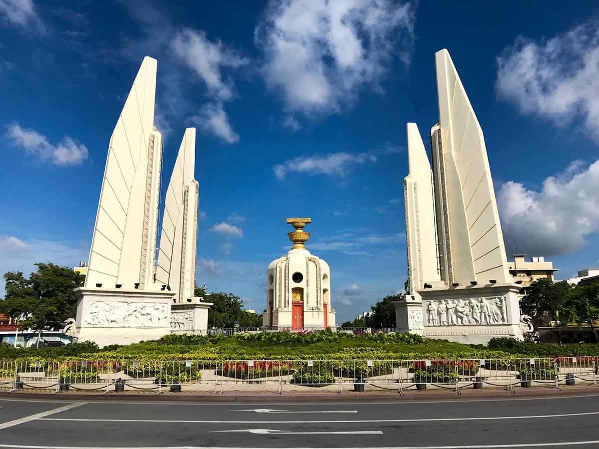Plants and barricades bar access to the Democracy Monument in a photo taken Wednesday in Bangkok.