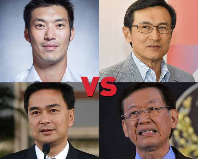 Clockwise from top left: Thanathorn Juangroongruangkit (Facebook), Chaturon Chaisang (Matichon), Paiboon Nititawan (Naewna) and Abhisit Vejjajiva (Sanook).