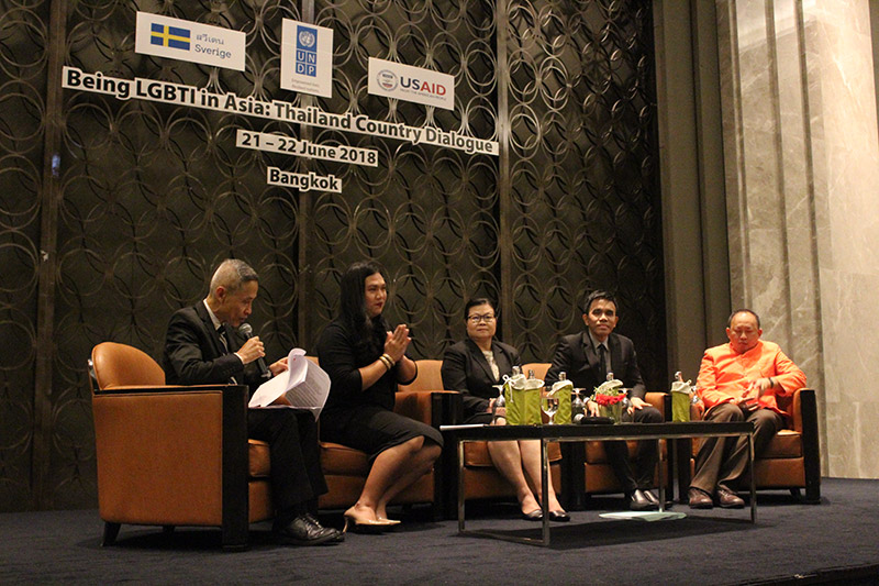 From left, Vitit Muntarbhorn, professor emeritus of law at Chulalongkorn University and former UN independent expert on violence and discrimination based on sexual orientation and gender identity; Jetsada Taesombat of the Transgender Alliance for Human Rights; Siriwan Yentang of the the Women’s Affairs and Family Development Department; Kittinun Daramadhaj, president of the Rainbow Sky Association of Thailand; and Kerdchock Kasemwongjit of the Justice Ministry's rights division on Thursday at the Amari Watergate Hotel in Bangkok.