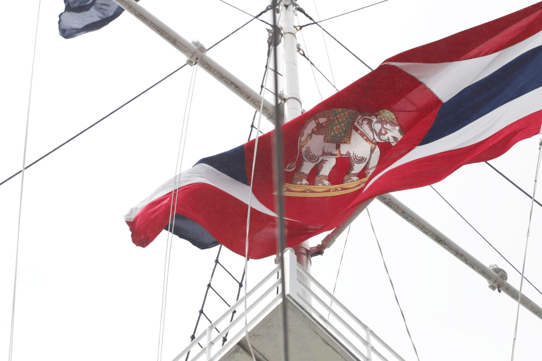 A Royal Thai Navy flag flies over Wichai Prasit Fort in Bangkok.