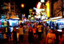 City Hall Pledges 88M Baht to Renovate Khaosan Khaosan Road at night. Photo: Bfick / Flickr