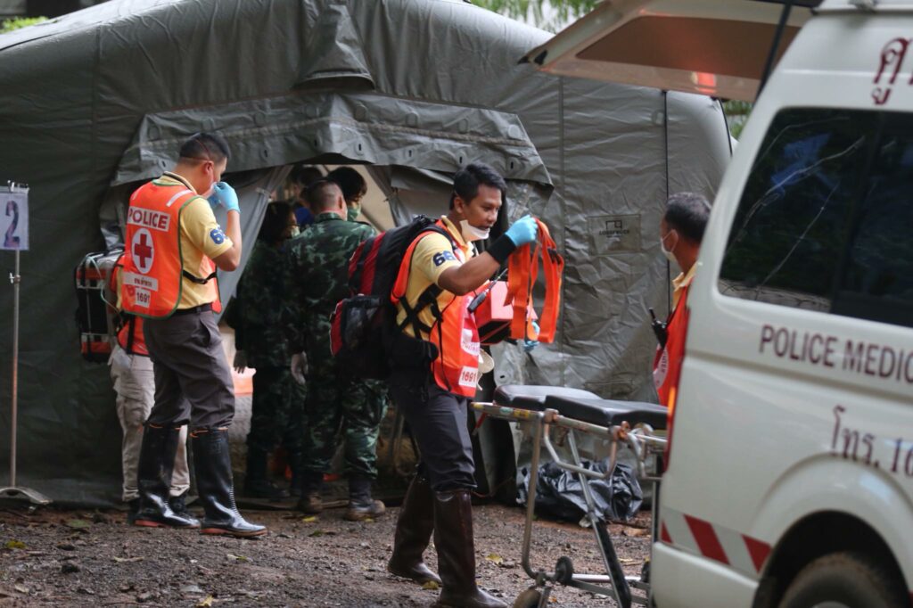 Rescue workers prepare to transport boys rescued from that Luang cave complex Sunday in Chiang Rai province in an image provided by the authorities.