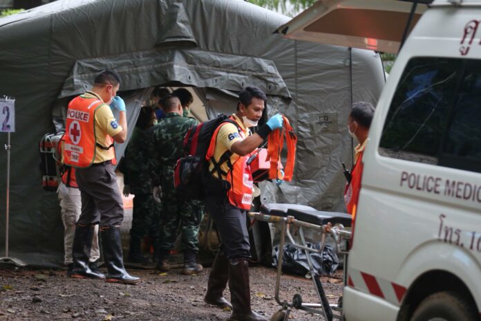 Rescue workers prepare to transport boys rescued from the Luang cave complex Sunday in Chiang Rai province in an image provided by the authorities. Rescue workers prepare to transport boys rescued from that Luang cave complex Sunday in Chiang Rai province in an image provided by the authorities.