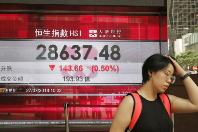 A woman walks Friday past an electronic board showing Hong Kong share index outside a bank in Hong Kong. Photo: Kin Cheung / Associated Press