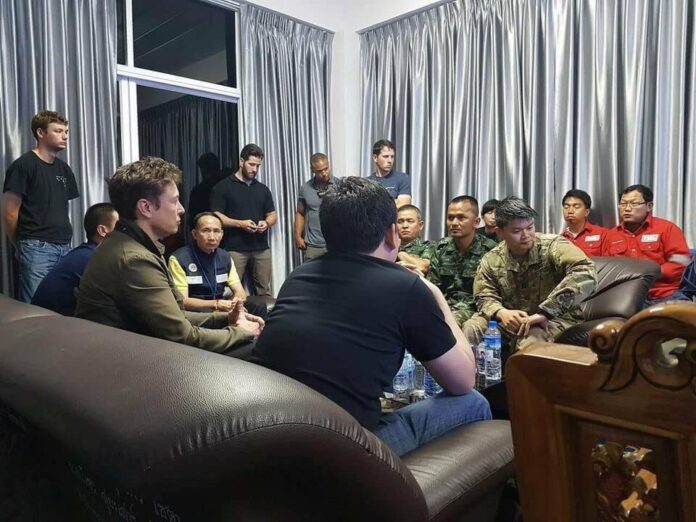 Elon Musk, second from left, in July in Chiang Rai. Photo: @Nammtoei / Twitter Elon Musk, second from left, in July in Chiang Rai. Photo: @Nammtoei / Twitter
