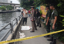 Bangkok Cops Doubt Murder in Dismembered Canal Body A police officer Sunday investigates the scene near Khlong Saen Saep where part of a human body was found.
