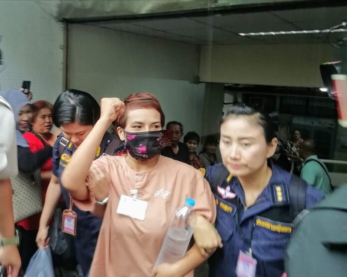 Nattatida Meewangpla emerged Friday afternoon from the Bangkok Military Court. Photo: Anurak Jeantawanich / Facebook
